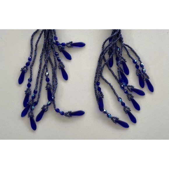 Vintage Boho Native Dark Blue Seed Glass Beaded Earrings Fringe Tassel Long 5.5” - Picture 8 of 9